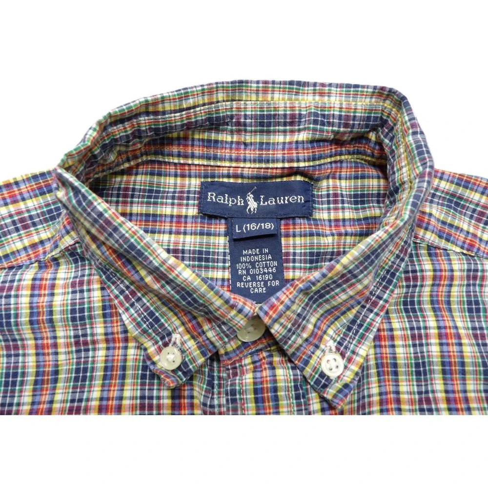 Ralph Lauren Boys Large 16/18 Plaid Button Down Shirt Madras OCBD Cotton LS Pony